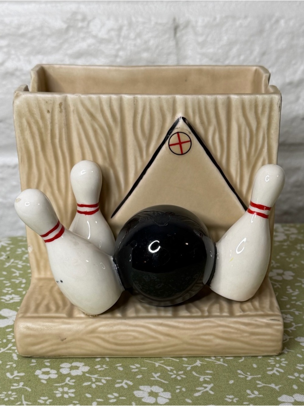 Vintage 1950’s Bowling Ball Pins Planter Faux Wood Plank Ceramic